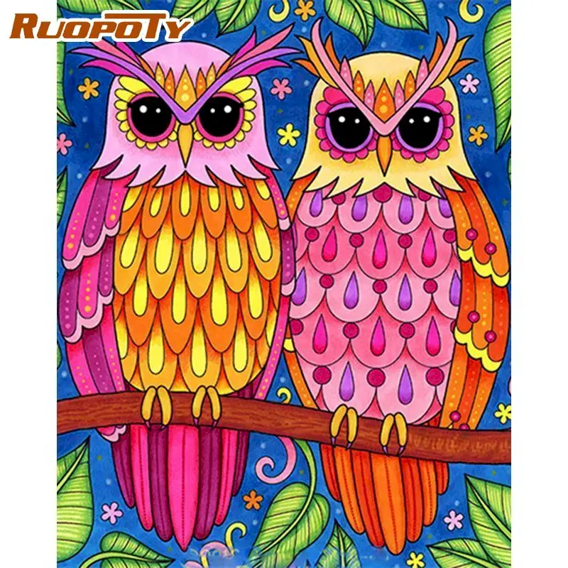 

RUOPOTY рамка Diy Краска для рисования по номерам цветная Сова краска по номерам животное ручная краска ed подарок декор для стен 60 × 75 см рамка