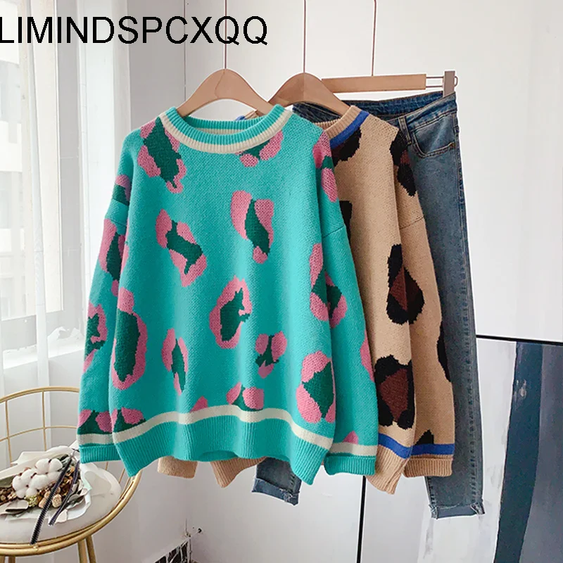 

Женский свитер с леопардовым принтом, Свободный Повседневный пуловер с длинным рукавом и круглым вырезом, в винтажном Корейском стиле, зима...