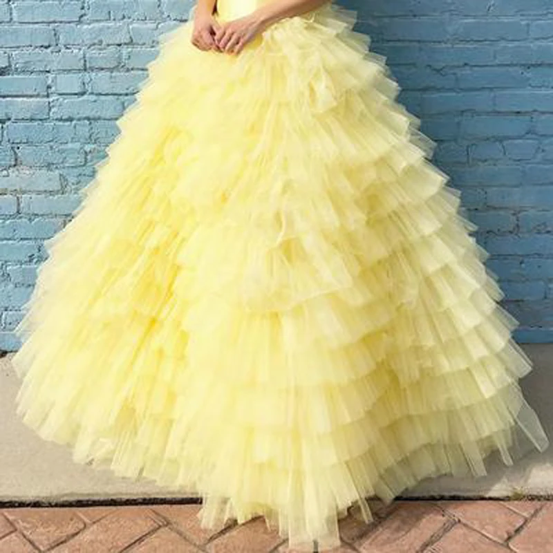 

Pretty Lush Yellow Tiered Bridal Tutu Skirts 2021 Ruffles Puffy Floor Length Long Women Tulle Skirt Elastic Custom Made