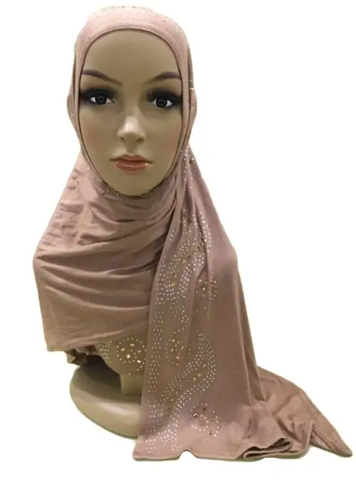 Хлопок мусульманские женщины молитва длинный шарф горный хрусталь сплошной цвет