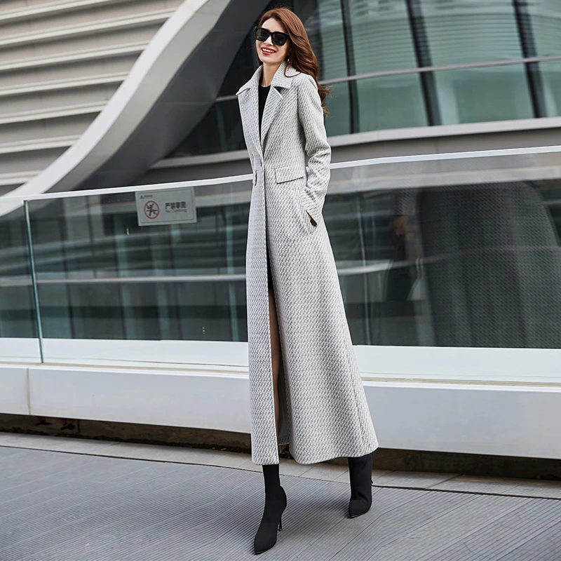 Женское шерстяное пальто в синюю клетку светильник зима 2019 модное длинное с