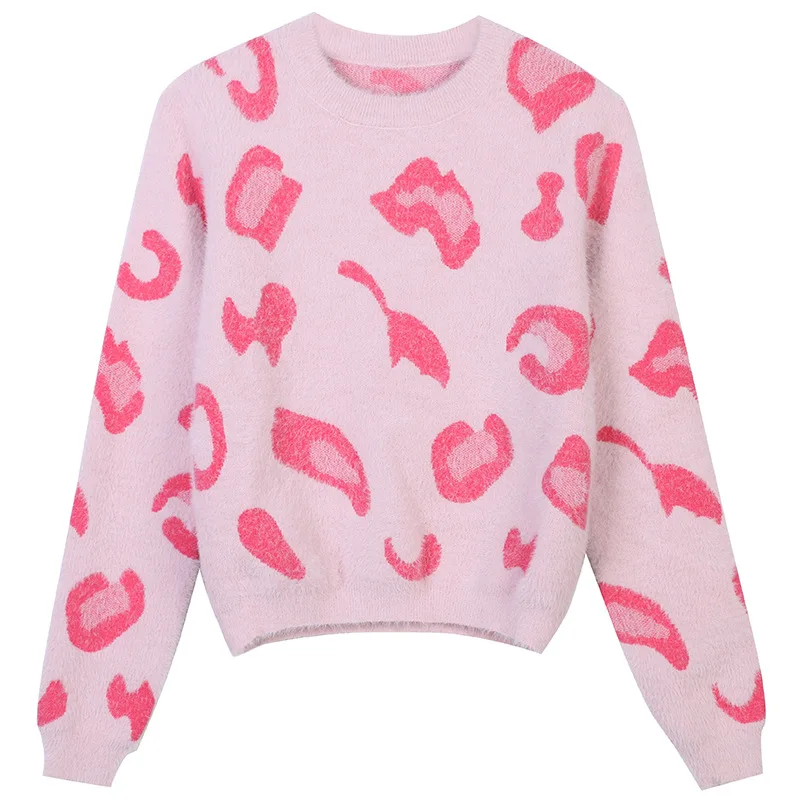 

Leopard Pink Swearer Crop Top 2020 Autumn Winter Fluffy Mohair Sweater Women Round Collar Cropped Pullovers Knitted Tops