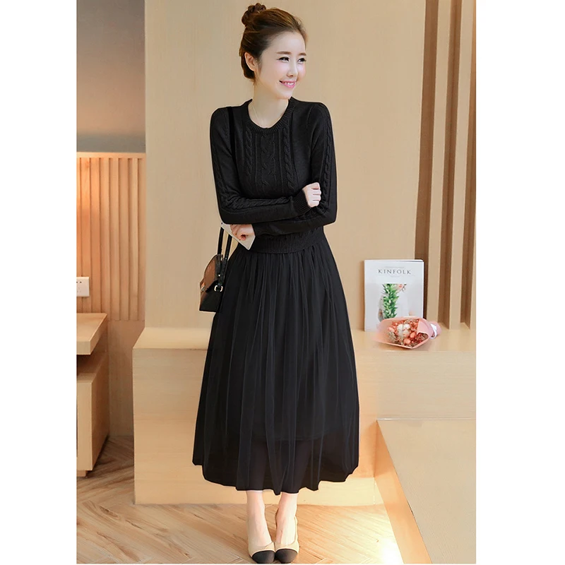 Sweater Dress Black Осеннее платье-свитер Женское зимнее трикотажное платье с длинным рукавом свитер платье с сеточкой и лоскутным принтом элегантное Ретро повседневное офисное длинное платье - Цвет: Sweater Dress Black