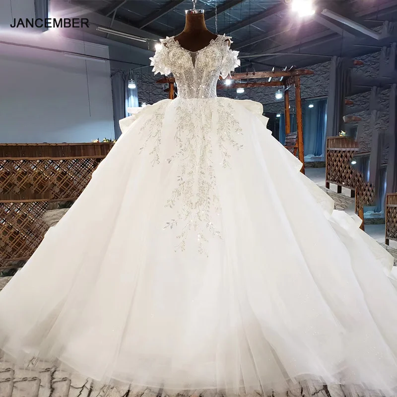 

HTL1971 Luxurious V-Neck Crystal Beading Sequined Wedding Dress 2021 For Woman Ball Gowns Short Sleeve
