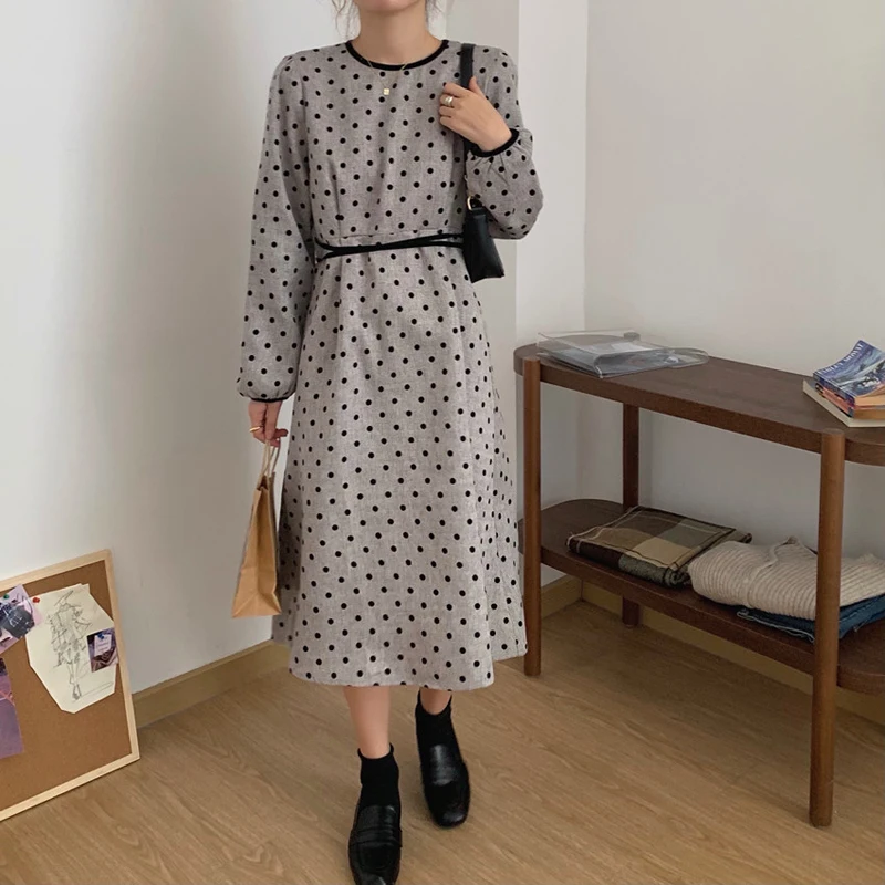 

Alien Kitty 2021 New Women French Retro Dot Dress O-Neck Flat Loose Gentle Full Sleeves Elegant Long Chic Female Fashion Clothe