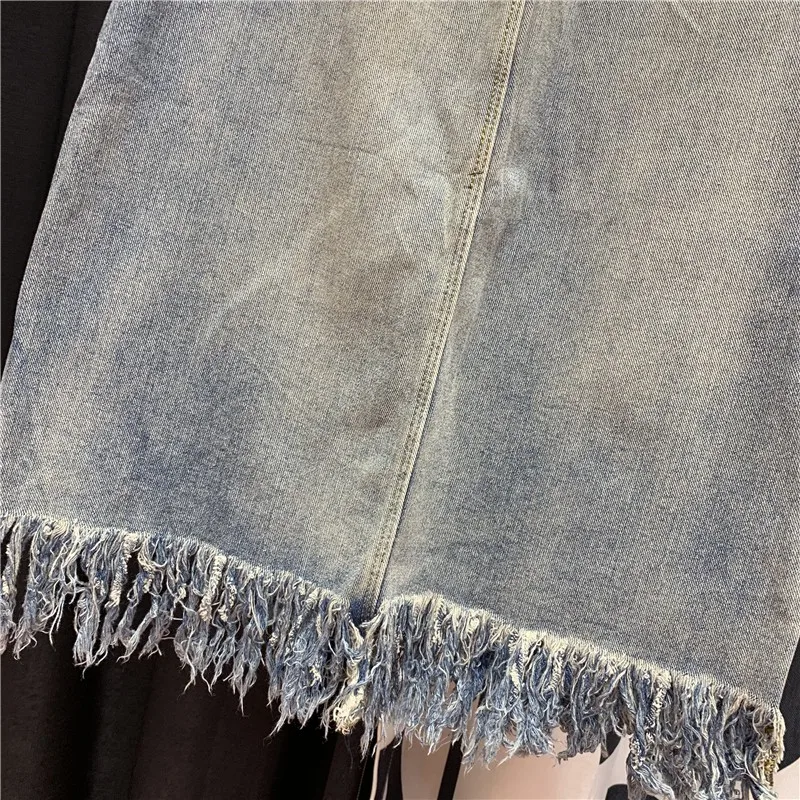 

Beautiful Girl Sequin Denim Skirts Women Frayed Ripped Tassel High Quality Mid Long Jeans Skirt Female 2021 Summer Streetwear