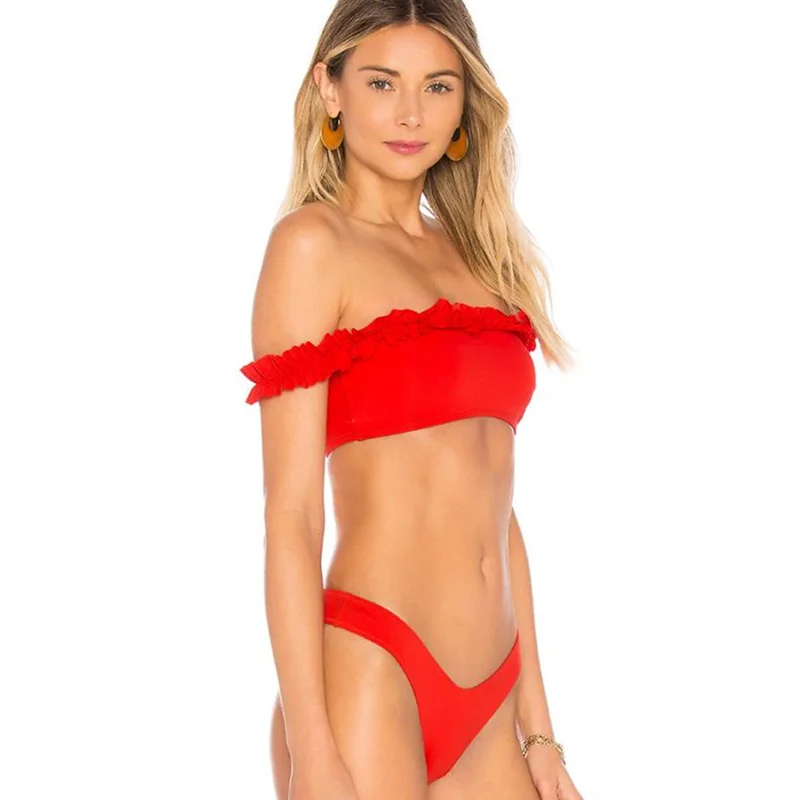 

2020 New Solid Red Swimsuit Women Off Shoulder Swimwear Strapless Bandeau Beachwear S-XL Girl Ruffled Bathing Suit Bikini Set