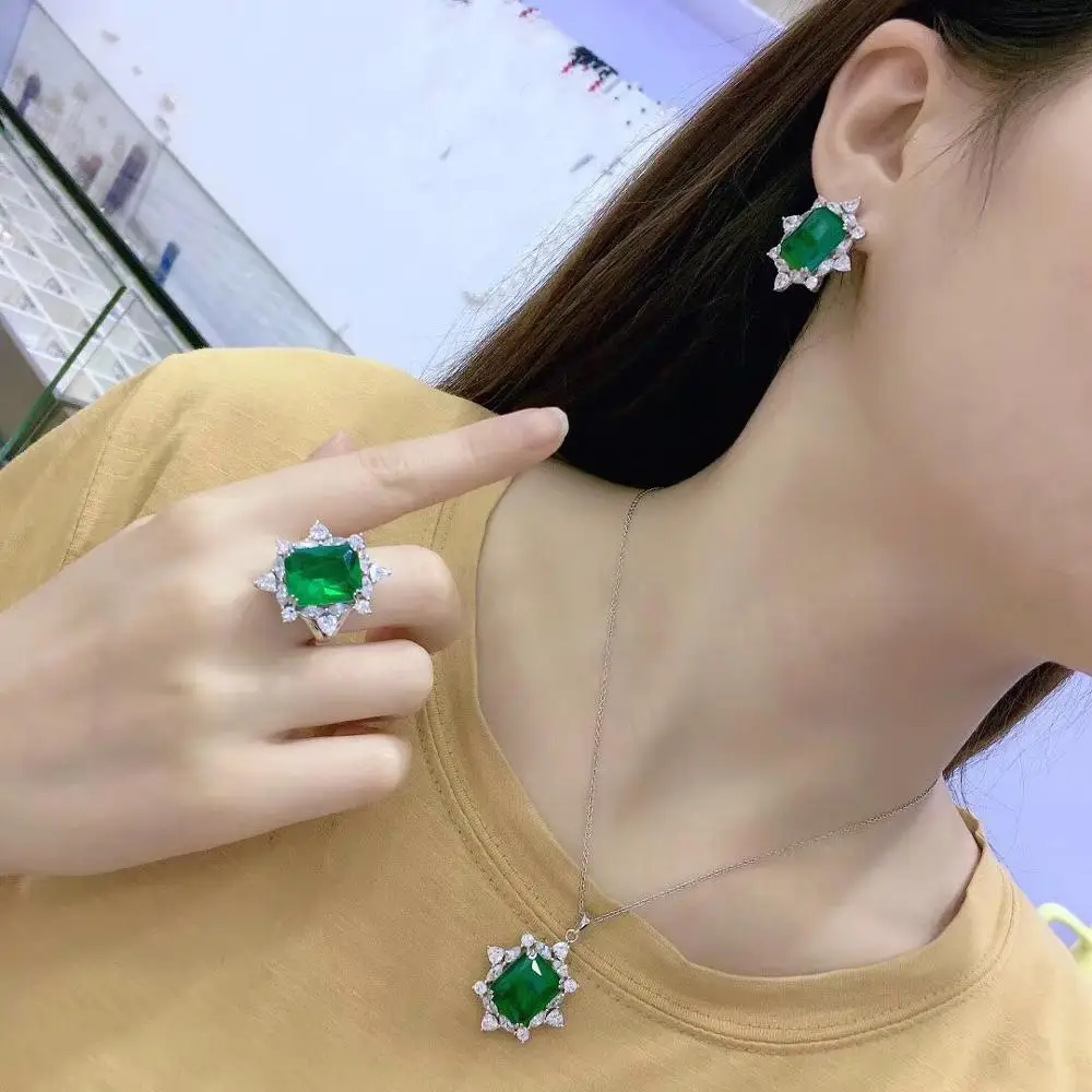 Qi Xuan_New зеленый камень три части Ожерелье S925 стерлингового серебра атмосфера