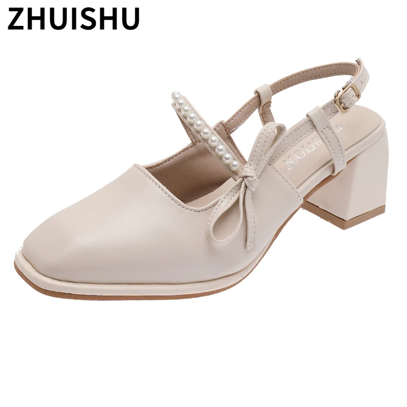 

2021 New Summer Women's Sandals Fashion Sweet Pearl Bow Decoration Women Shoes Square Heel PU Leather Baotou Women's Sandals