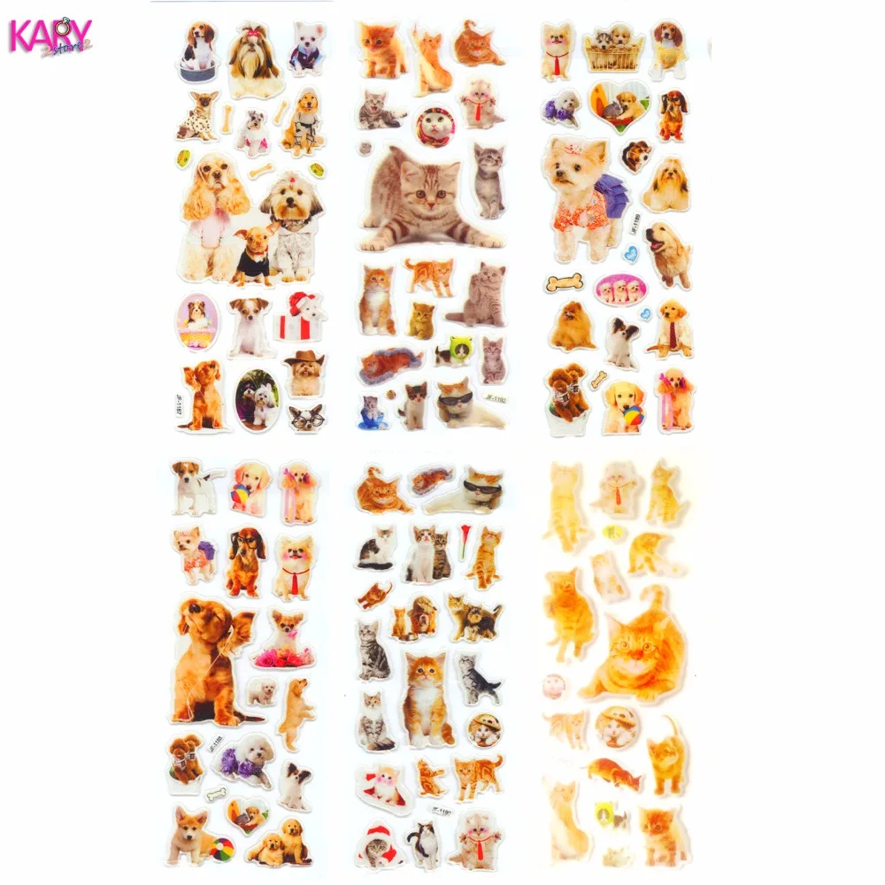 

6 Sheets Pets Dogs Cats Animals Scrapbooking Kawaii Gifts Reward Kids Children Toys Bubble Puffy Stickers Factory Direct Sales