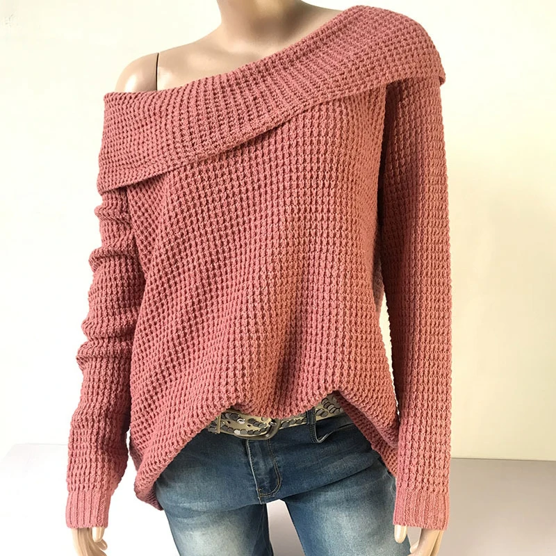 

Женский вязаный свитер свободного покроя, розовый или темно-синий свитер с воротником-лодочкой, пуловер, джемпер, женская одежда для весны и...