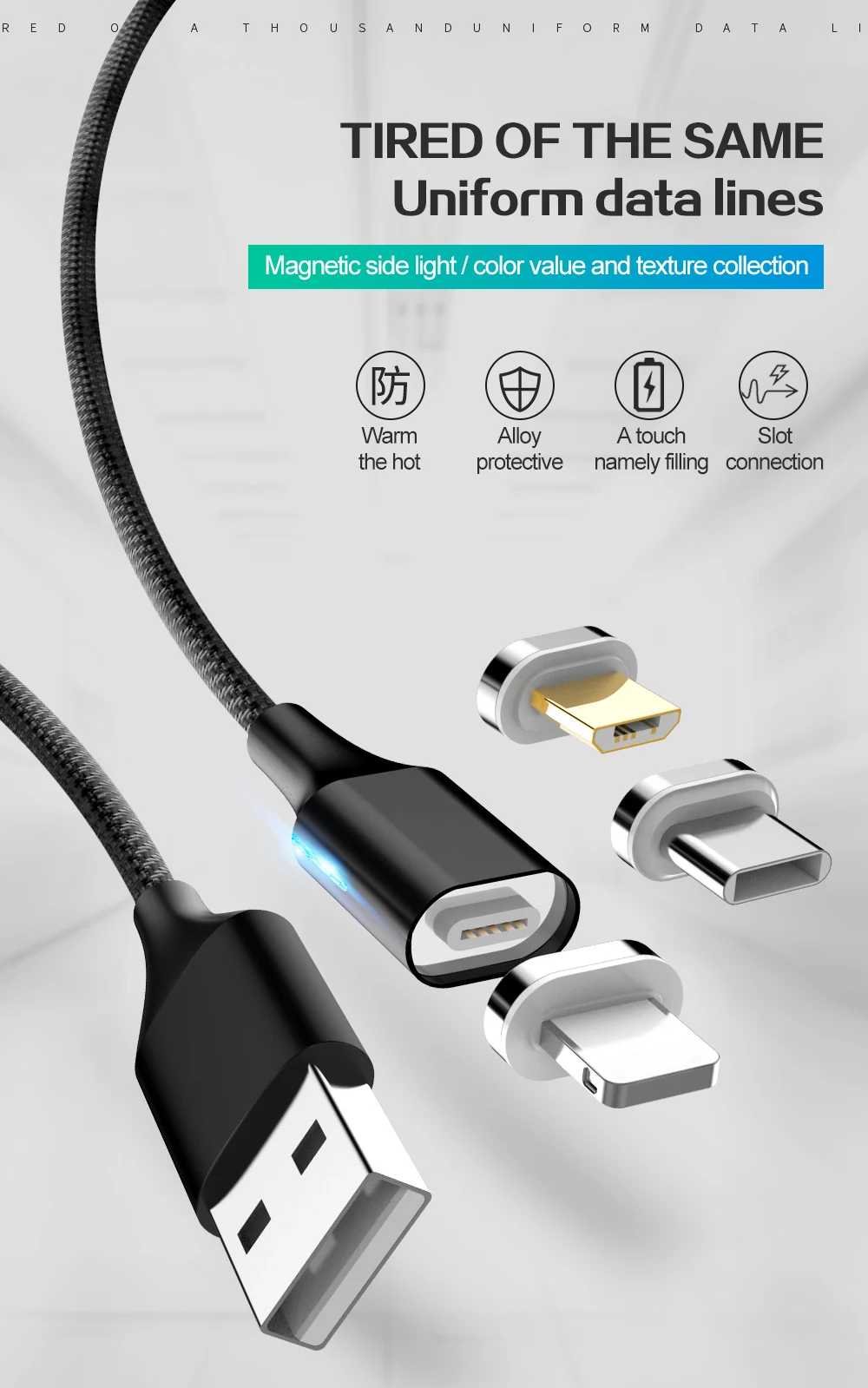 Магнитный кабель 3A для быстрой зарядки, кабель Micro USB type C для Android iPhone X XS MAX XR, магнитный usb-кабель для зарядки, нейлоновый шнур для передачи данных