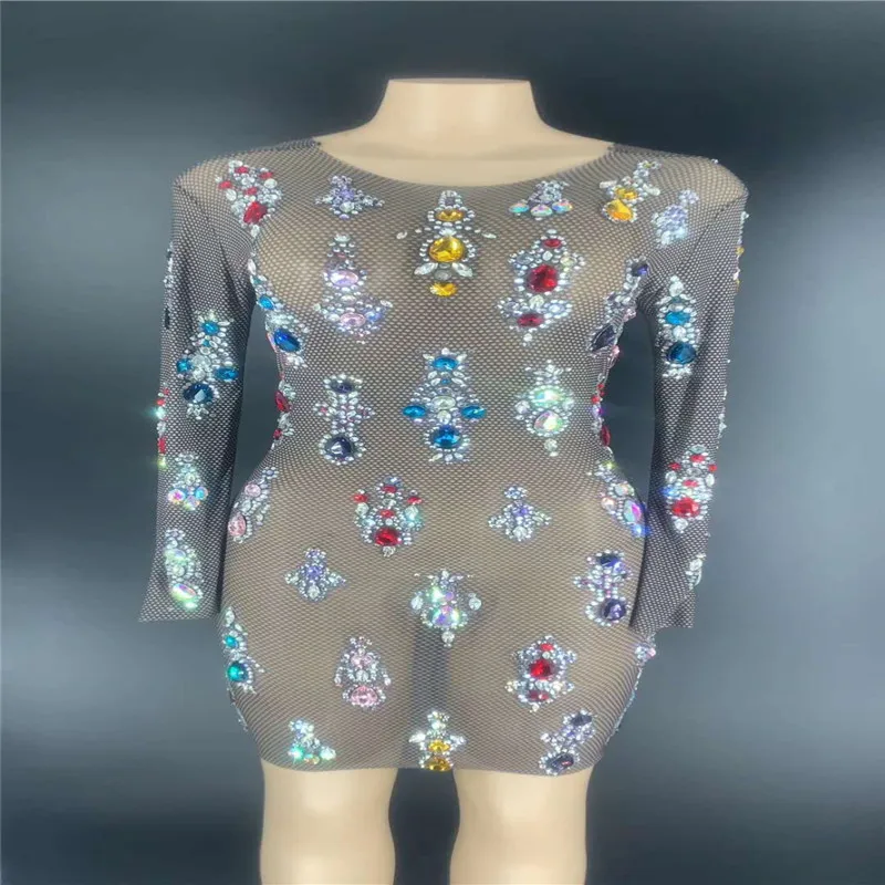 

R50 Black mesh sexy pole dance dress colorful crystal long sleeve one-piece skirt see through dance costumes party dress dj wear