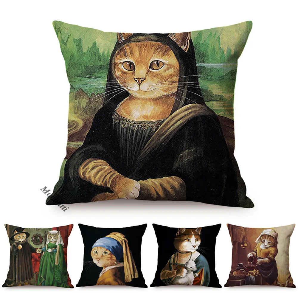 

Cat Funny Portrait Imitate World Famous Oil Painting Mona Lisa Nordic Art Poster Style Decorative Cushion Cover Sofa Pillow Case