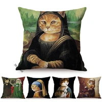 cat funny portrait imitate world famous oil painting mona lisa nordic art poster style decorative cushion cover sofa pillow case