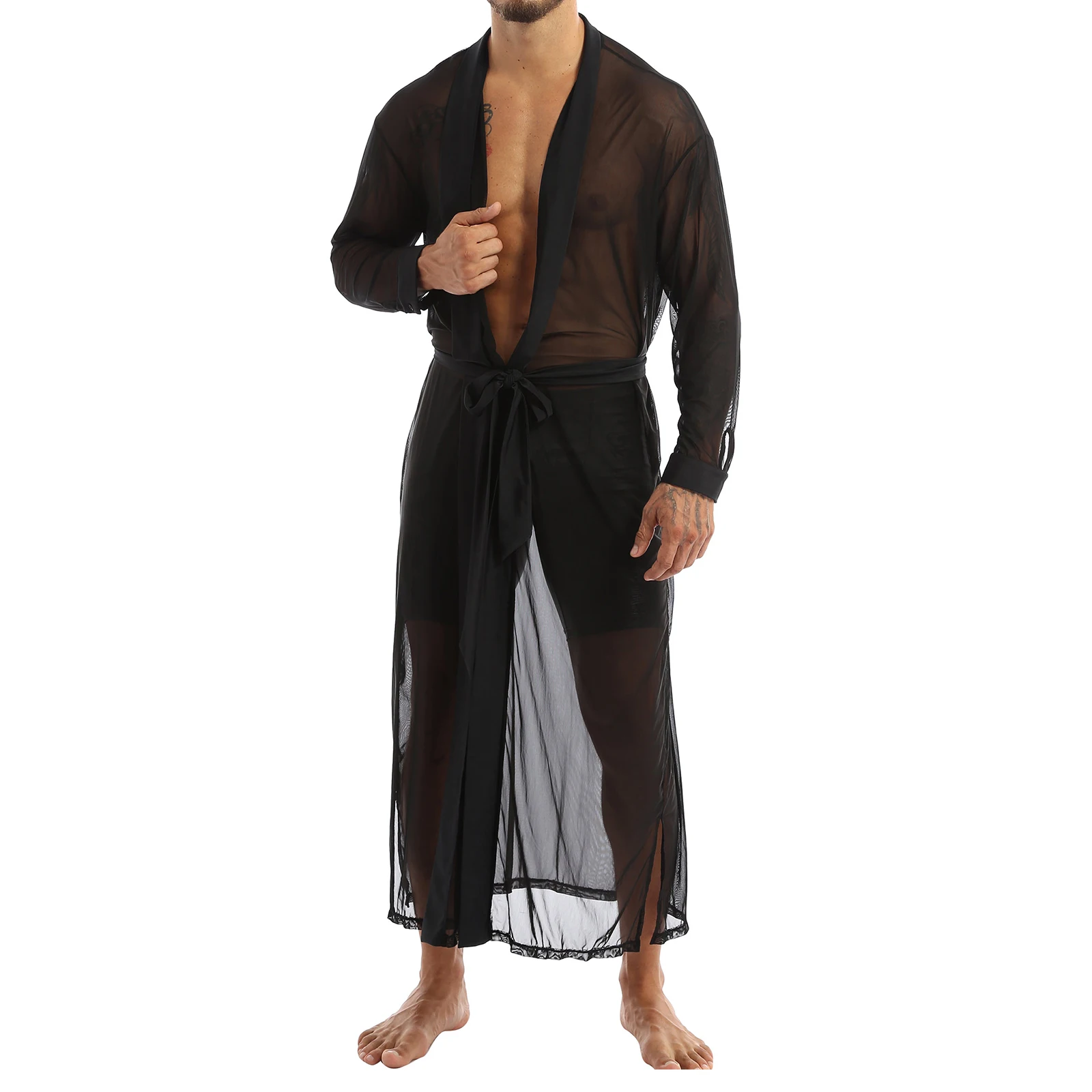 

Sexy Lingerie Long Sleeve Bathrobe Men See-through Open Stitch Front Mesh Transparent Long Shirt Casual Sleepwear Male Gay Tops