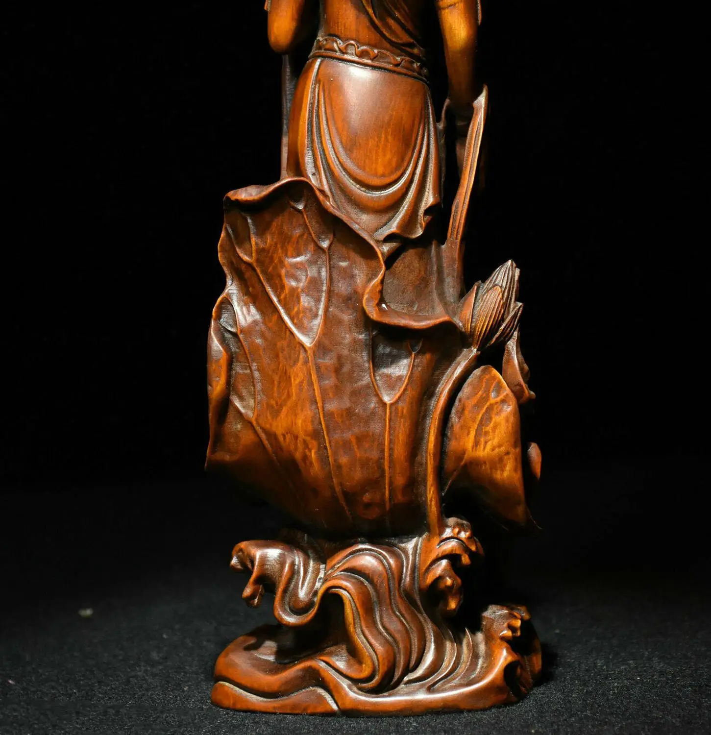 

wedding decoration 9" Old Chinese Boxwood Wood Carved GuanYin Kwan-yin Buddha Stand Lotus Statue