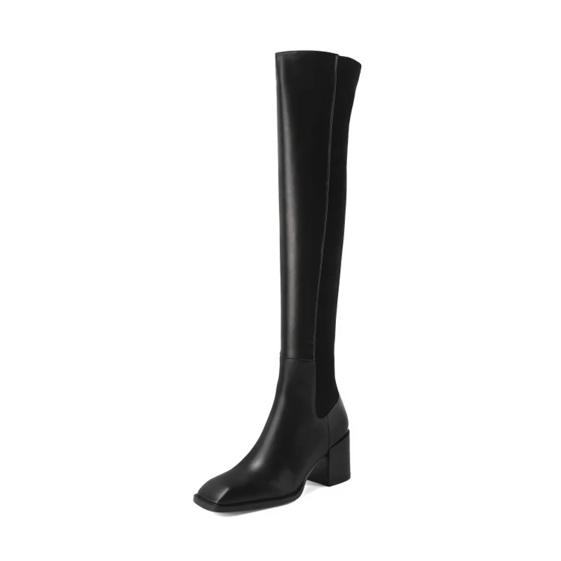 

Autumn Shoes for Women Genuine Leather Wearable Square Toe Stretch Over the Knee Boots Thin Thick Heel High Boots Plus Cashmere