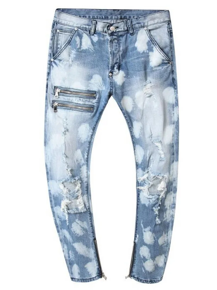 Men Jeans Hole Men's Slim-Fit Stretch Ripped With Cuffs Male Denim Trousers Plus Size 42 | Мужская одежда