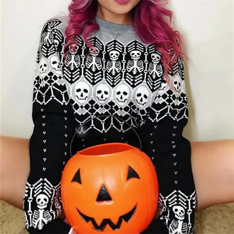 Yangelo Gothic Skeleton Pattern Sweaters Teachwear Women's Clothes Warm Steetwear Girls Knit Pullover Y2k Tops Dark Academia