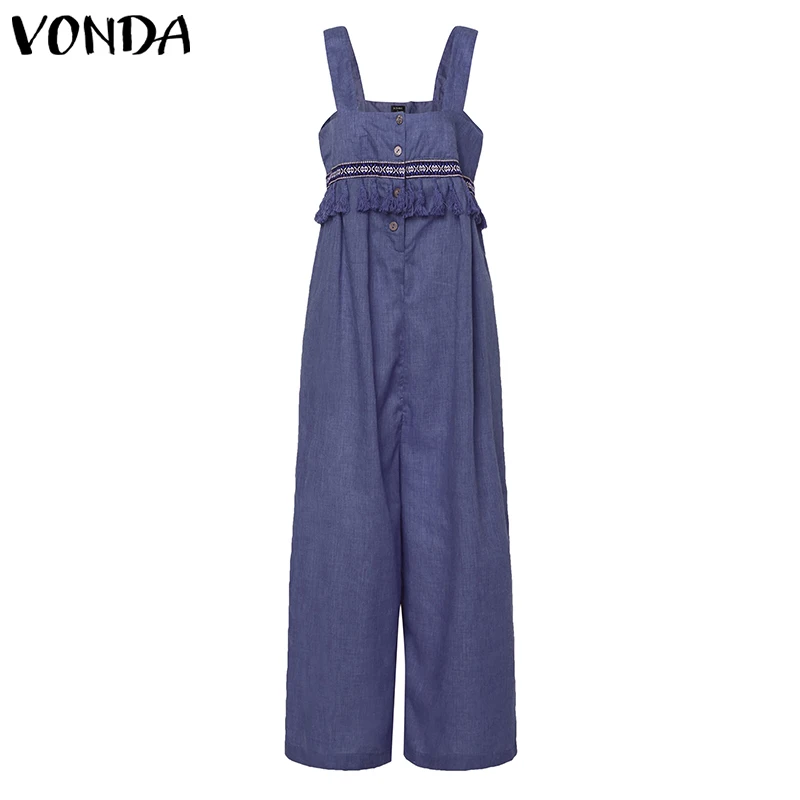 VONDA Plus Siz Комбинезоны женские Комбинезоны летние широкие брюки сексуальные без рукавов с кисточками Vinatge Комбинезоны повседневные брюки
