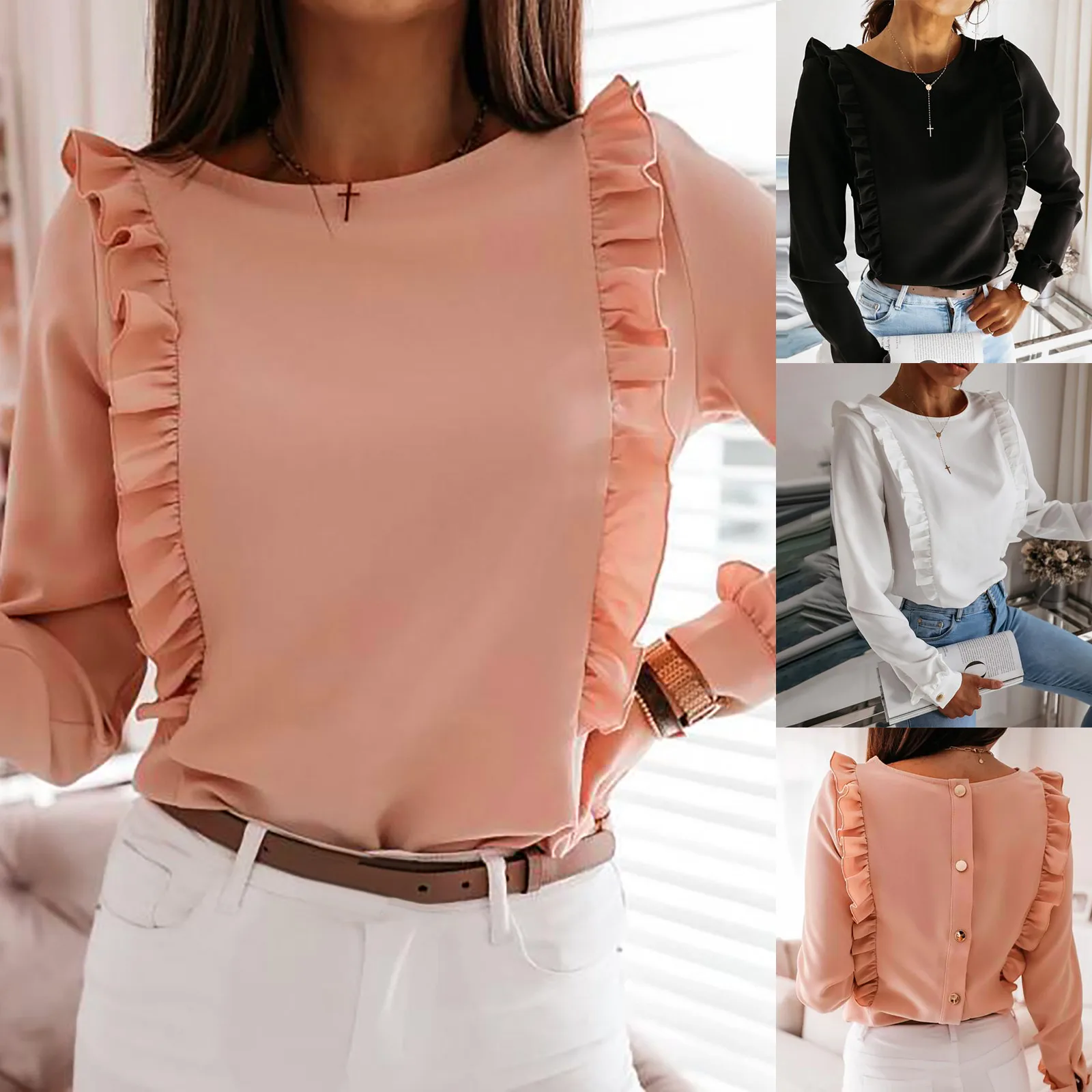 

Fashionable Ladies Shirt 2021 Fall Lace Solid Color Long Sleeve Comfortable Breathable O-neck Button Shirt Top Blusa De Mujer