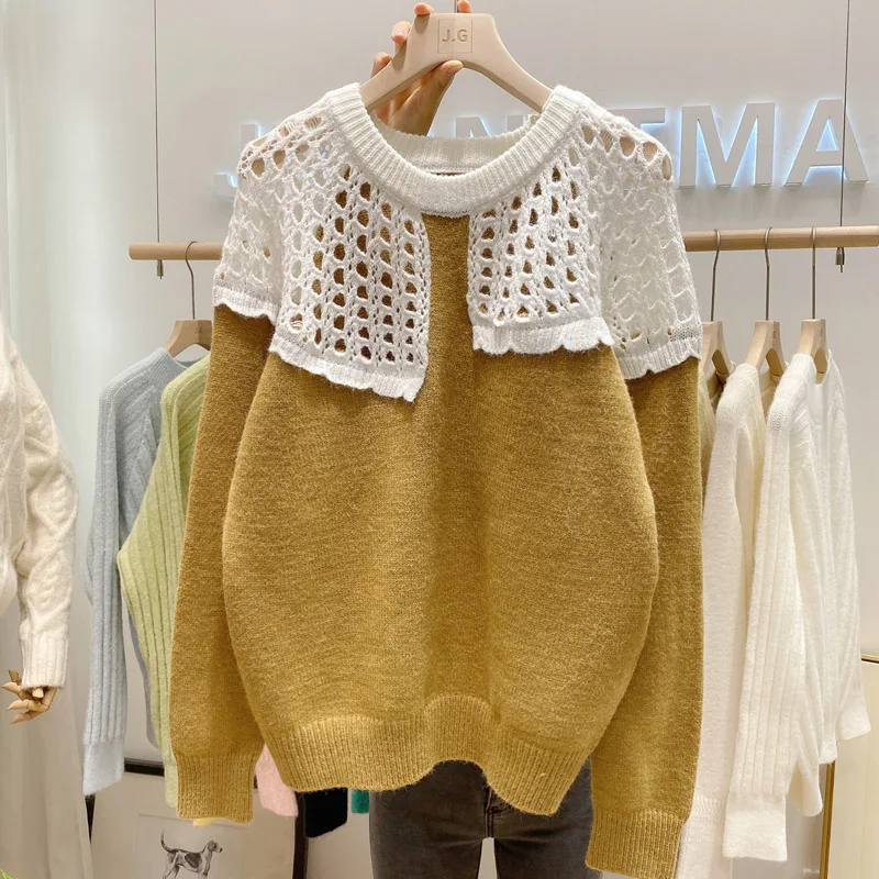 

Sweet Hollow Out Peter Pan Collar Pullovers Japanese Kawaii O Neck Sueter Mujer Vintage Preppy Style Sweaters