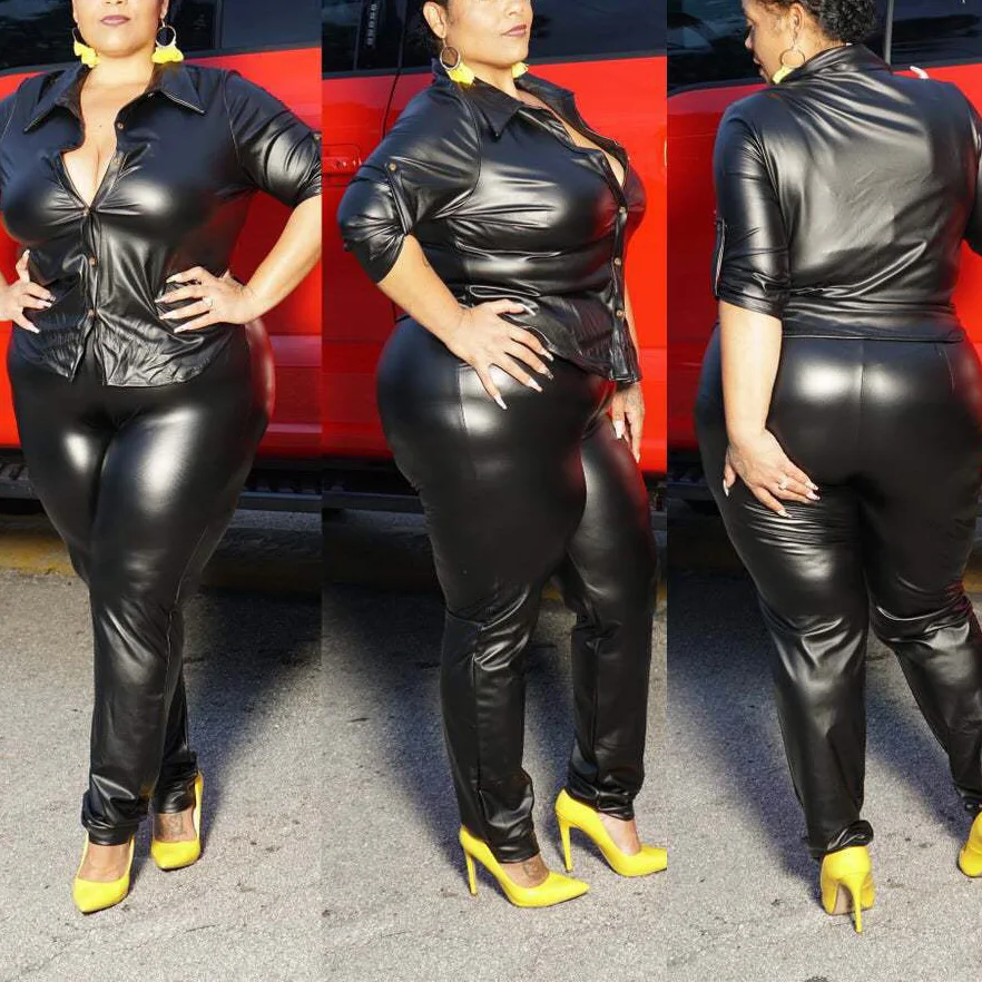 

African 4xl 5xl Plus Size Women Pu Leather Sets Shirts and Long Pants Sheath Solid Sexy Evening Night Club 2 Pieces Matching Set