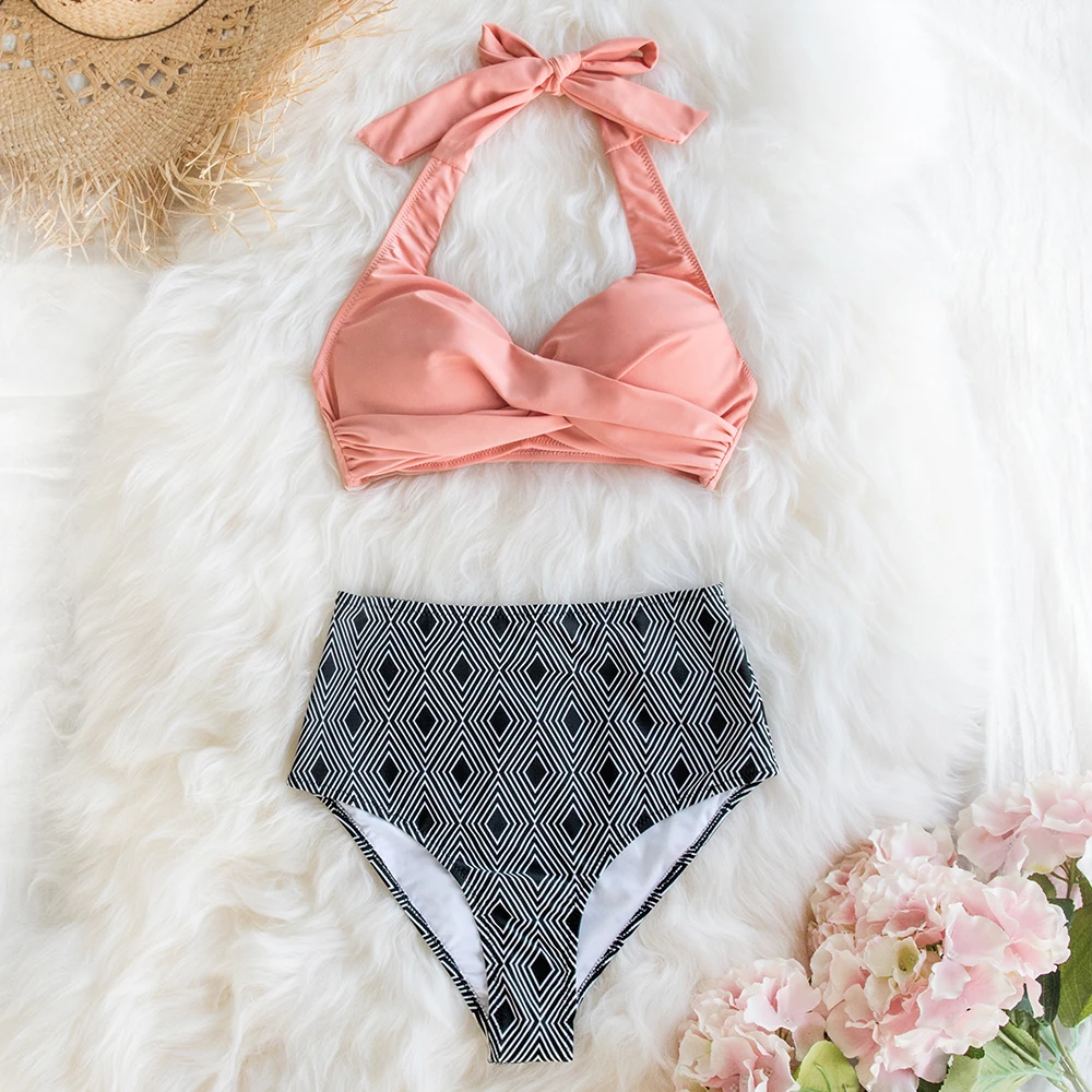 Pink Twisted Halter Bikini With Geometric Print High-waisted Sexy Lace Two Pieces Swimwear Women 2020 Beach Bathing Suits | Женская