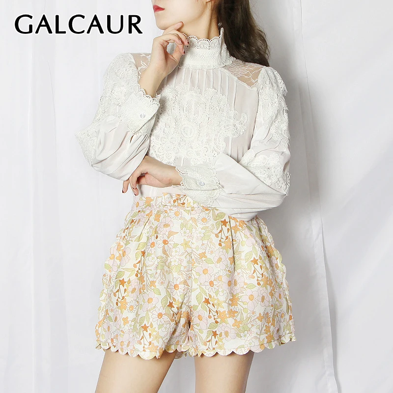 

GALCAUR White Shirts For Women Stand Collar Puff Long Sleeve Loose Patchwork Lace Designer Elegant Blouses Female 2021 Clothing