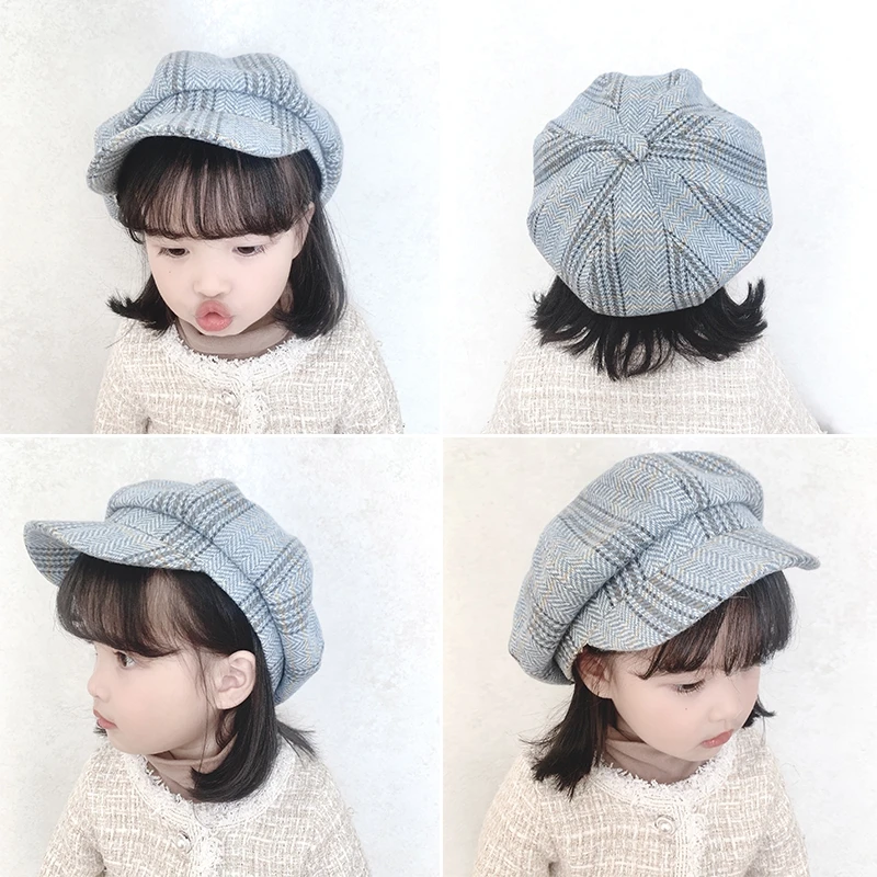 

Children's Hat Autumn Winter Octagonal Baby Girl Cap Boys Fashion Plaid Beret Wool Hats Hard Brim Beret Hat For Baby Kids Caps
