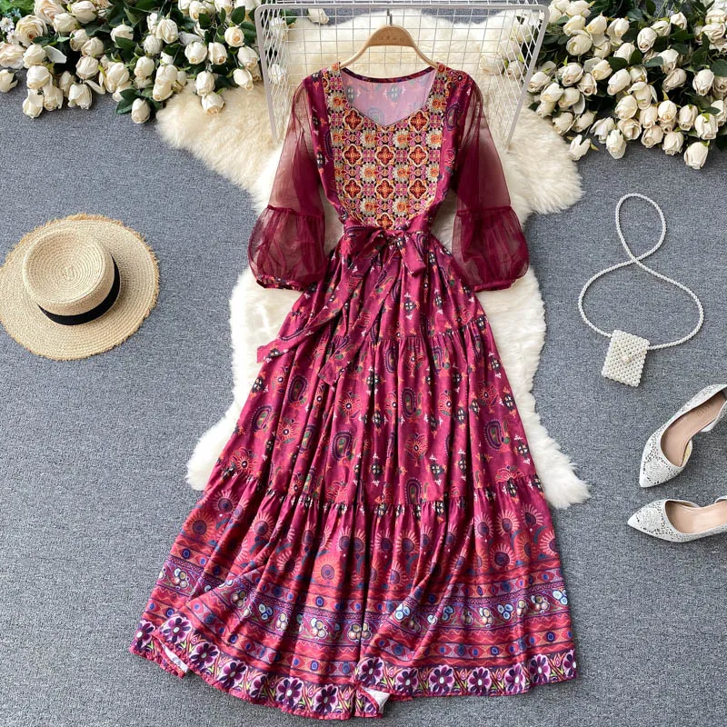 

New Summer Runway Organza Flower Embroidery Dress Women's Lantern Sleeve Stand Floral Pink Hollow Out Embroidered Long Dresses