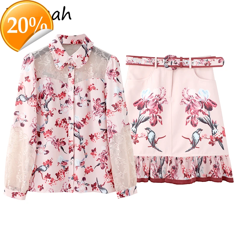 

Women Summer Fashion Runway Party Rock Set Long sleeves Lost blouses + High waist print ladies Short skirts 2-piece suit