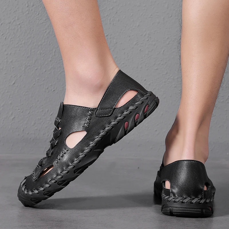 Сандалии мужские из натуральной воловьей кожи ручной работы дышащие босоножки