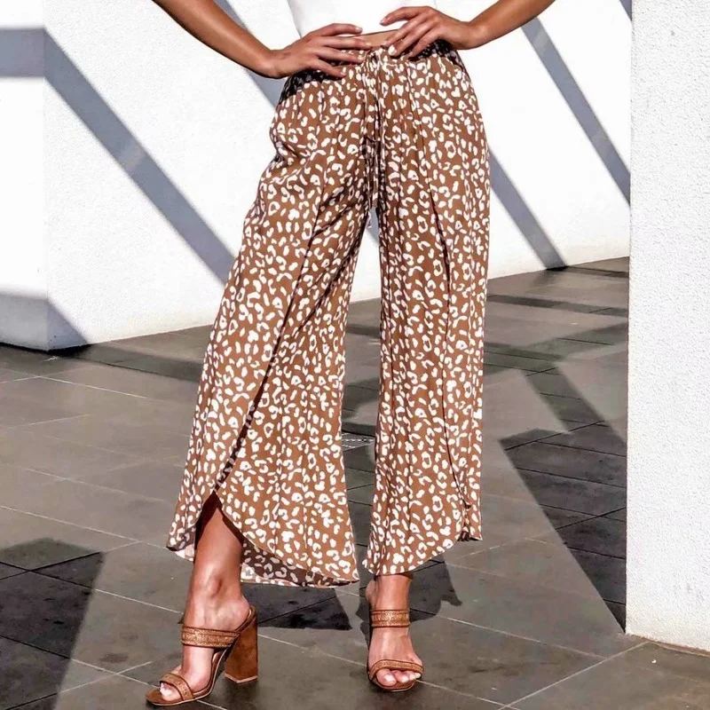 

Fall Women High Waist Wide Leg Pants Casual Capris Print Dot Loose Fitness Dance Wears Split Elastic Waist Trousers Harem Pants