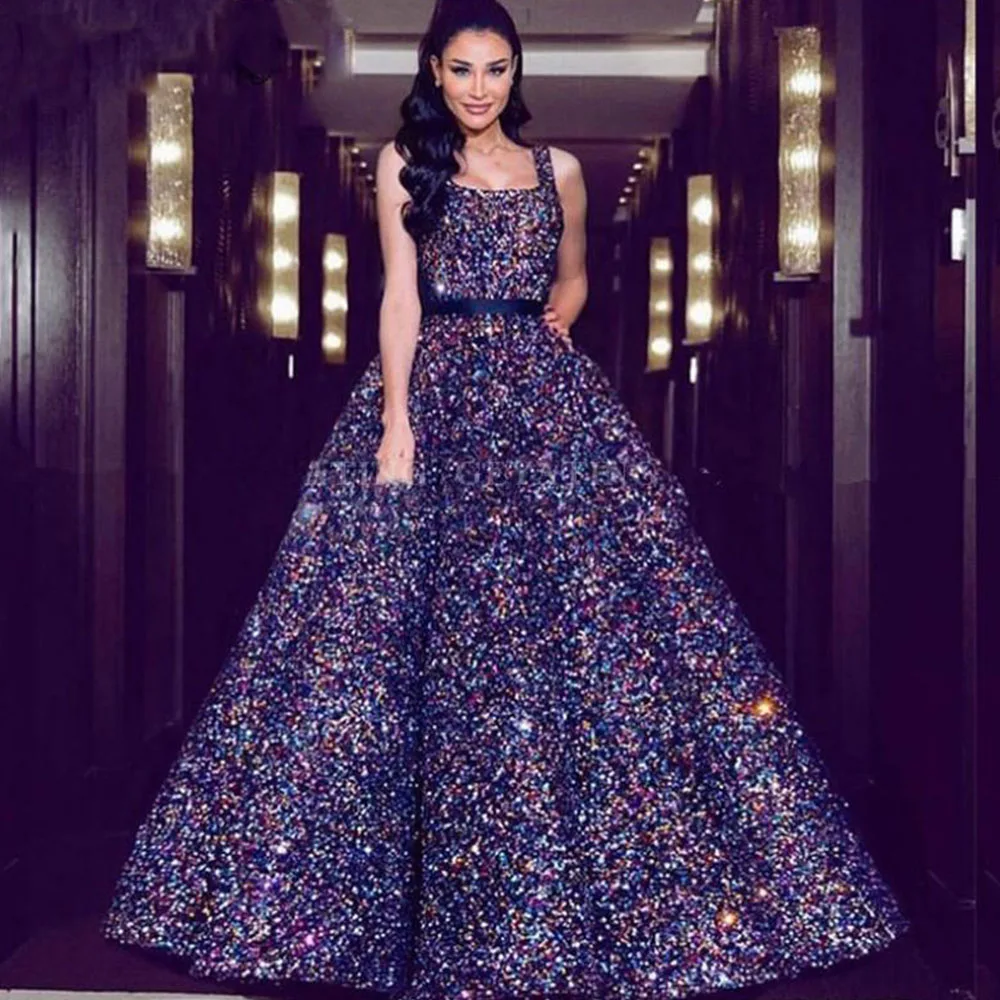

Sparkly Colorful Sequined Wedding Prom Dresses Square Neck Spaghetti Straps Lace Up Evening Gowns Formal Party Dress vestidos de
