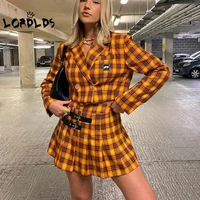 lordlds women yellow plaid two piece set casual long sleeve suits and high waist pleated skirts matching sets tracksuits