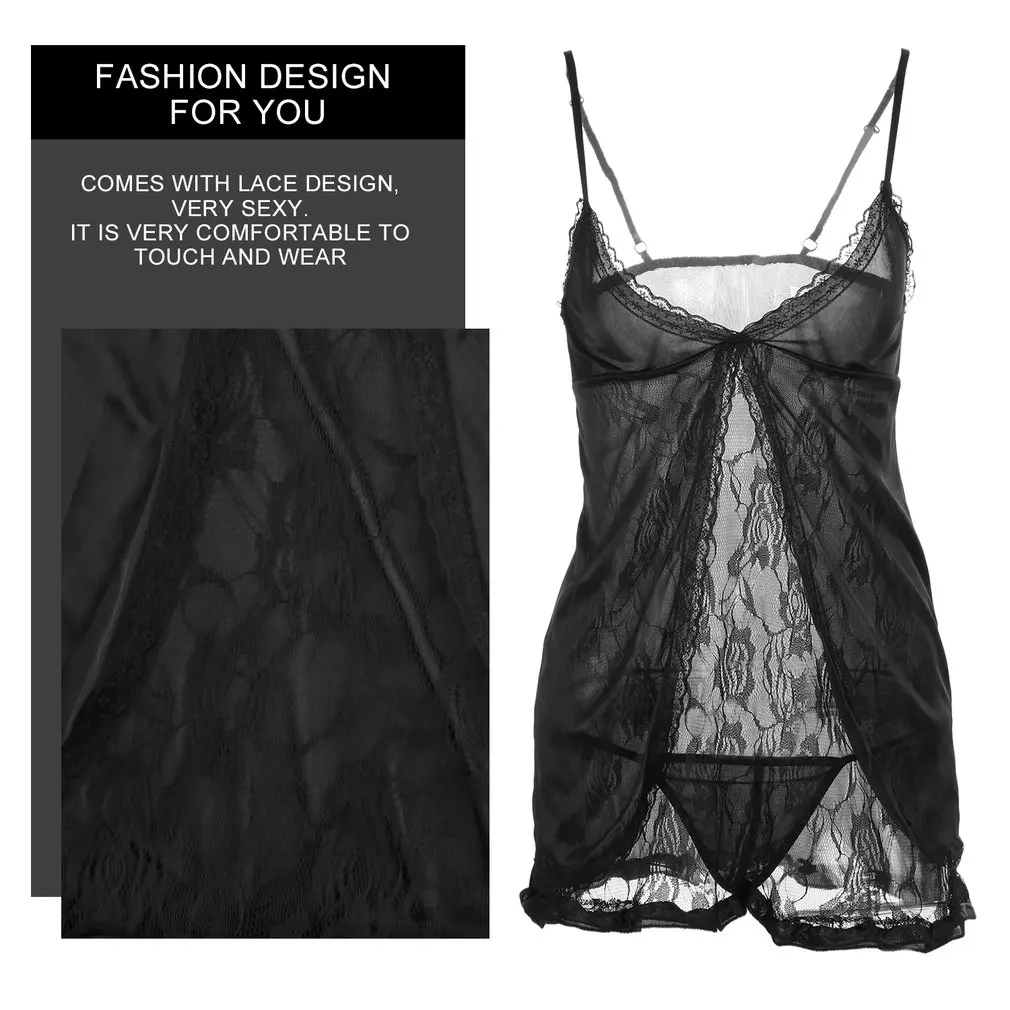 Черная кружевная эротическая комбинация сексуальная ночная рубашка женское