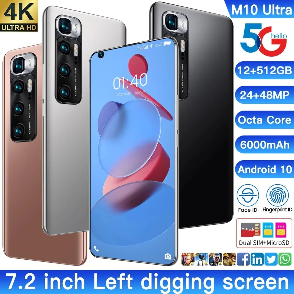 

Smartphone 5G M10 Ultra Global Version 12G 512G Andriod10 Deca Core 6000mAh 7.2 Inch HD Screen New 48 MP Rear Camera Cellphone