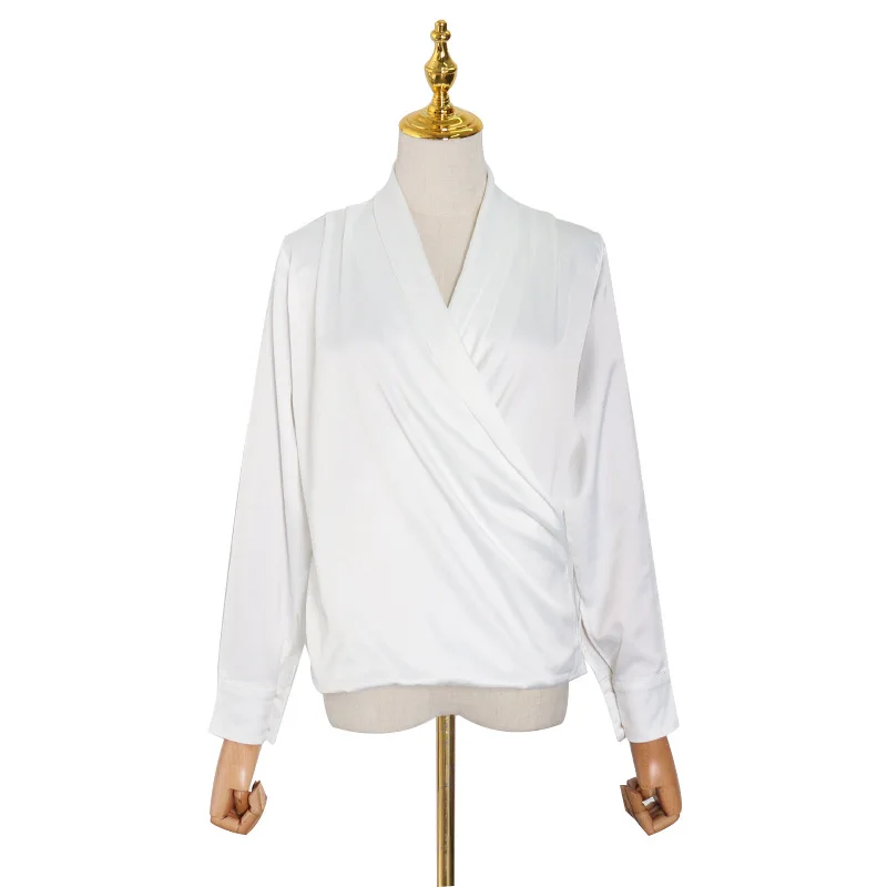 

Light luxury satin pleated v-neck shirt women commuter OL temperament long sleeve fashion solid color bottoming shirt top