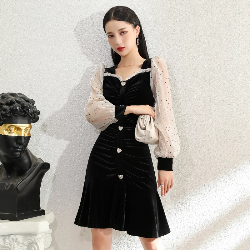 

Женское бархатное платье с длинным рукавом, элегантное винтажное платье-футляр с V-образным вырезом и драпировкой