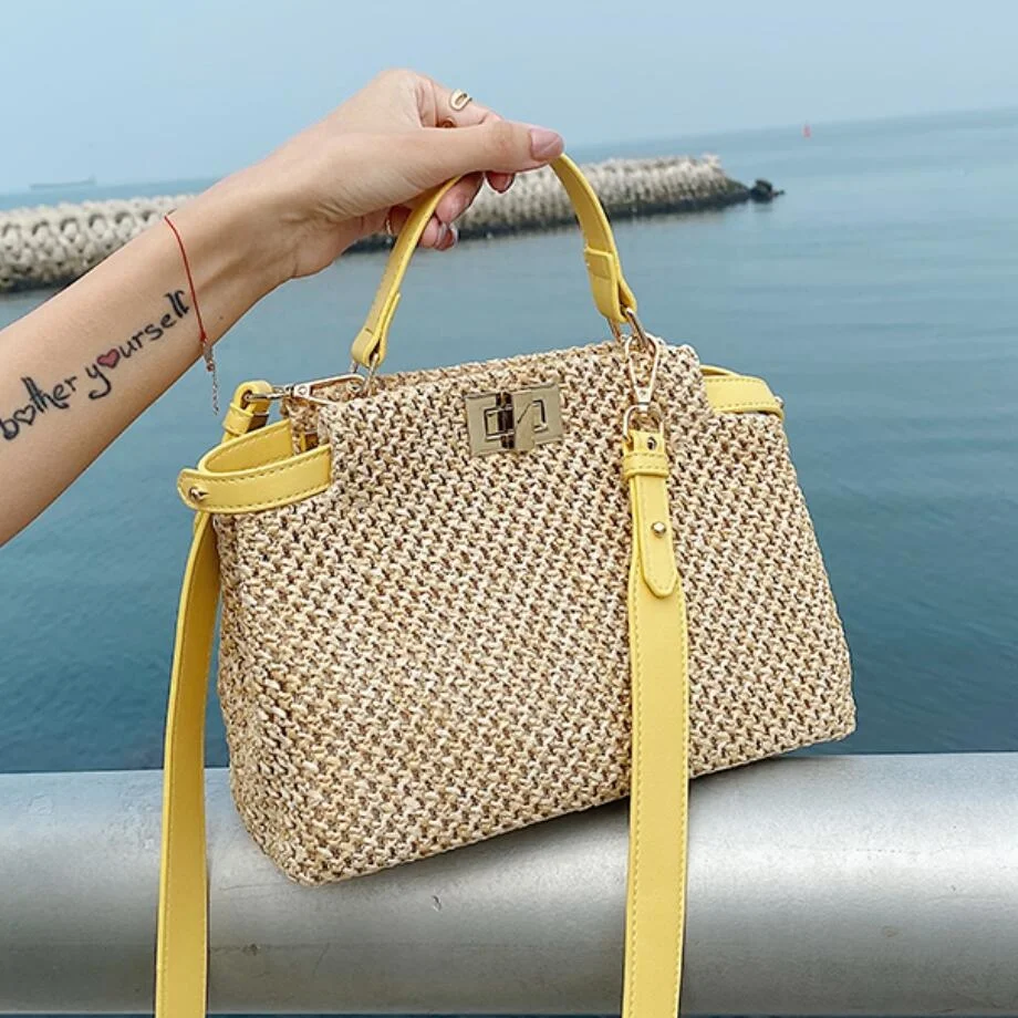 

Designer Buckle Woven Straw Bags Women's Shoulder Messenger Bag Bohemian Beach Straw Woven Handbag Tote Handbags Clutch Purse
