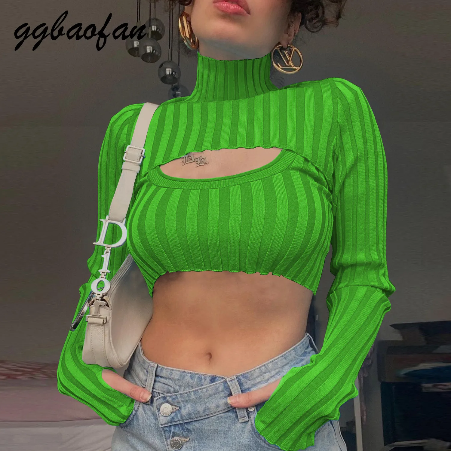 

Ggbaofan 2021 Autumn Fashion Turtleneck Women Top 2-Pieces Long Sleeve Cropped Top T-Shirts Y2K Striped Knitted Top Tees Slim