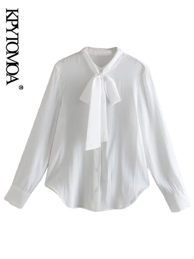 

KPYTOMOA Women Fashion With Bow Tied Fitted Blouses Vintage Long Sleeve Button-up Female Shirts Blusas Chic Tops
