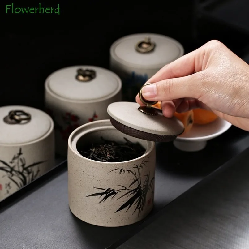 

Stoneware Tea Caddy Ceramic Porcelain Teaware Tea Moisture-proof Sealed Cork Cloth Cover Storage Jar
