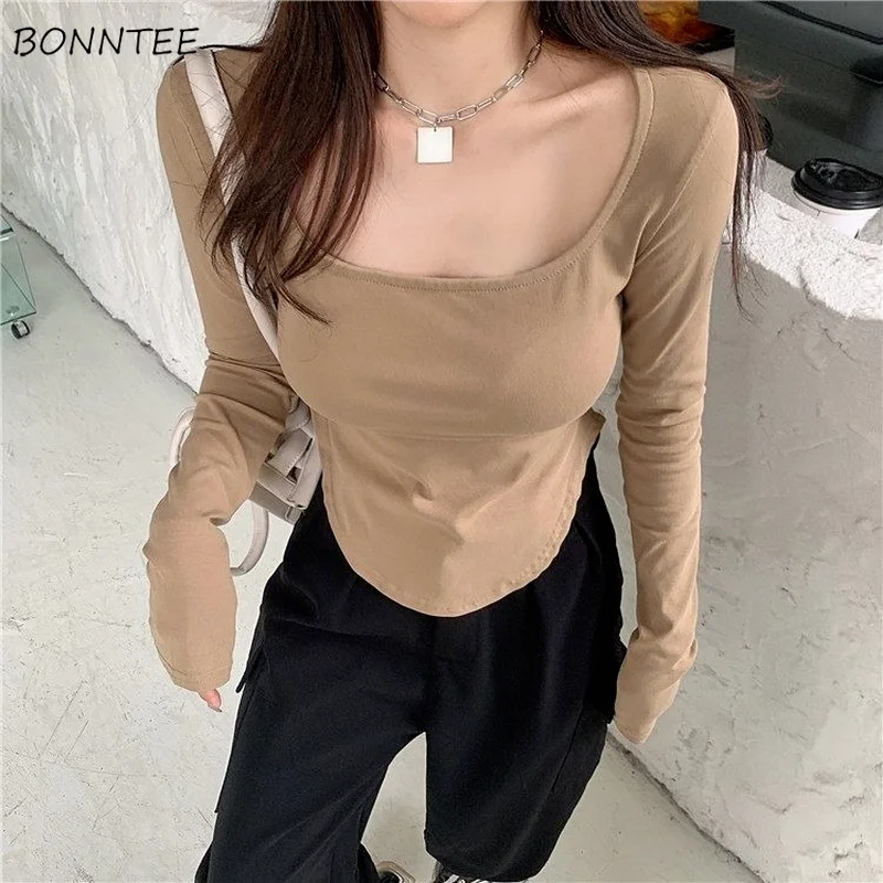 

Футболка женская с длинным рукавом, модный пикантный облегающий Асимметричный однотонный кроп-топ в стиле ольччан с круглым вырезом, униве...