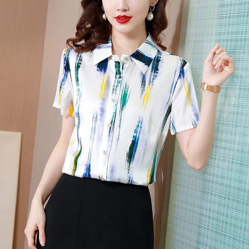 

Blockbuster Silk Shirt Women's Summer Printing Hangzhou Authentic Mulberry Silk Women's Shirt Mom Shirt New Short-sleeved Shirt