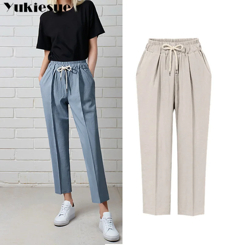 Повседневные брюки цвета хаки с высокой талией женские летние офисные карманами