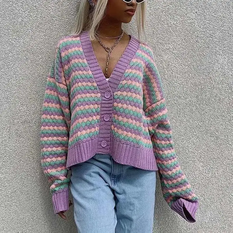 Женский кардиган с длинным рукавом фиолетовый Свободный Повседневный свитер