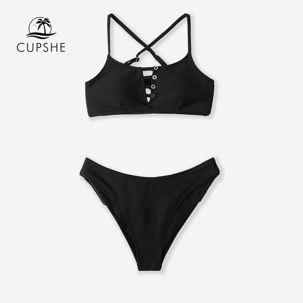 CUPSHE Black Cutout Low Waist Bikini Sets Swimsuit For Women Sexy Tank Two Pieces Swimwear Biquini 2022 New Beach Bathing Suit | Спорт и